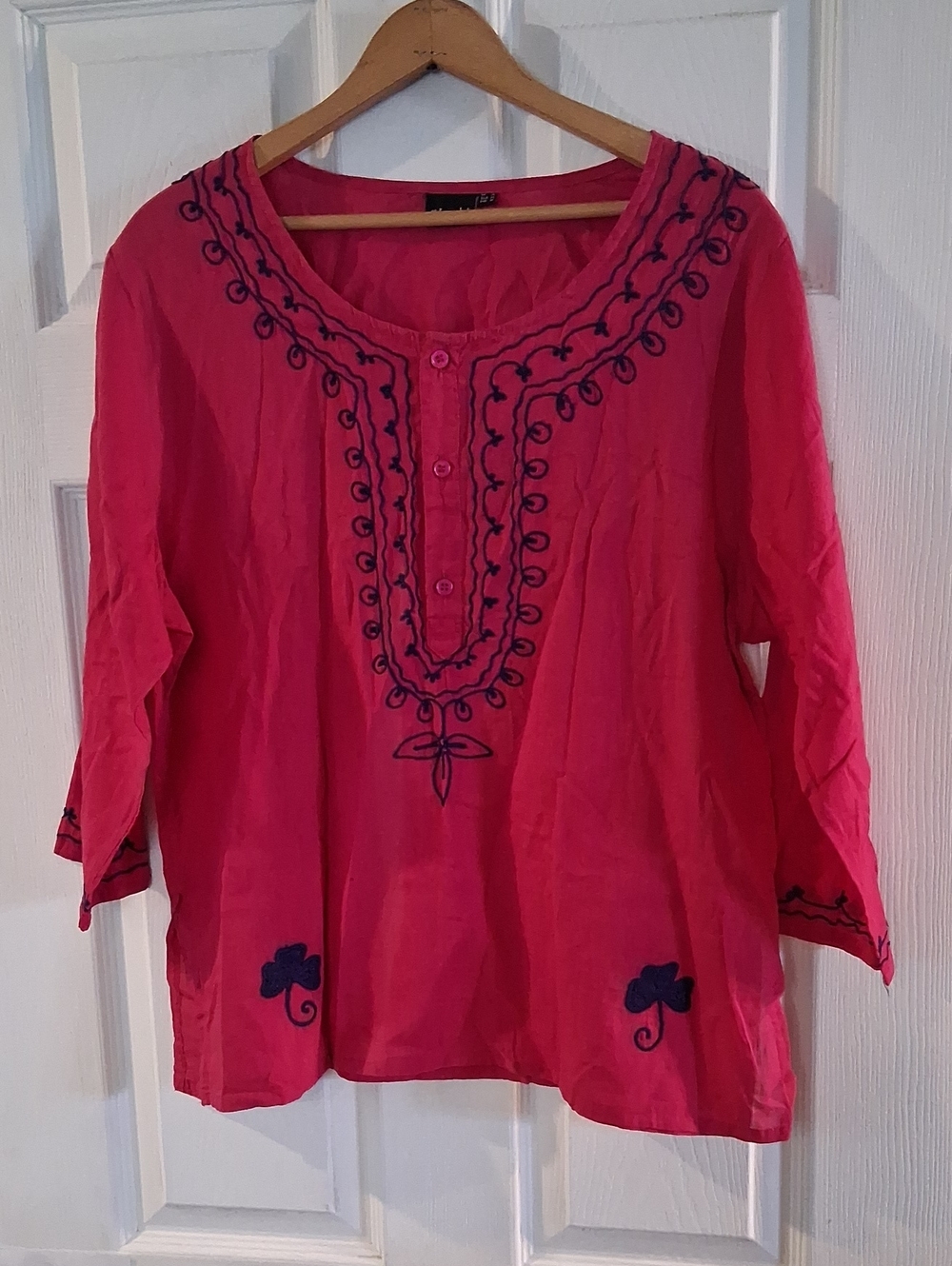 Embroidered Fuchsia Tunic Top with Button Placket